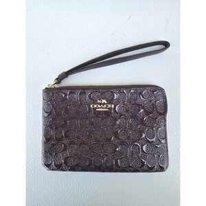 Coach Glitter Signature Wristlet Wallet Burgundy Plum Zip Around F58034
